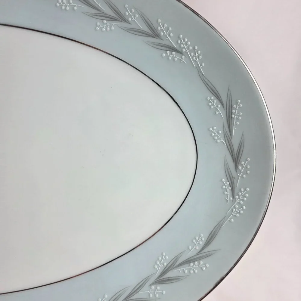 Noritake Sheldon Serving Platter 14 Inch White with Aqua Band and White Flowers